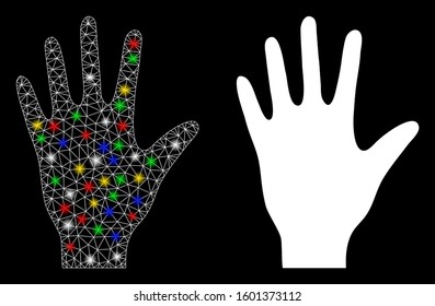 Flare mesh hand icon with sparkle effect. Abstract illuminated model of hand. Shiny wire frame triangular mesh hand icon. Vector abstraction on a black background.