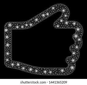 Flare mesh hand with lightspot effect. Abstract illuminated model of hand icon. Shiny wire carcass polygonal mesh hand. Vector abstraction on a black background.