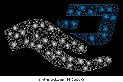 Flare mesh hand offer Dash with glare effect. Abstract illuminated model of hand offer Dash icon. Shiny wire frame triangular mesh hand offer Dash. Vector abstraction on a black background.