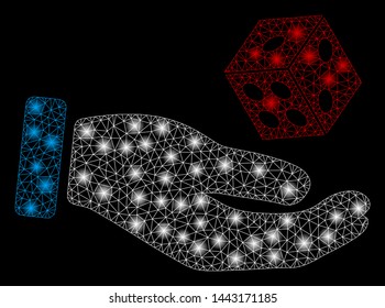 Flare mesh hand play dice with sparkle effect. Abstract illuminated model of hand play dice icon. Shiny wire carcass triangular mesh hand play dice. Vector abstraction on a black background.
