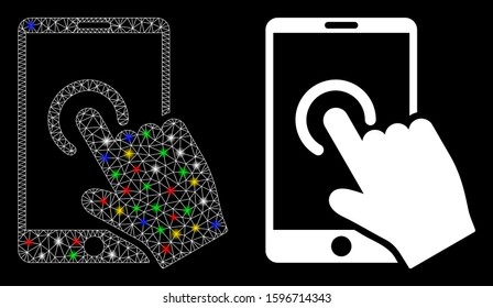Flare mesh hand touch smartphone icon with glare effect. Abstract illuminated model of hand touch smartphone. Shiny wire frame polygonal mesh hand touch smartphone icon.