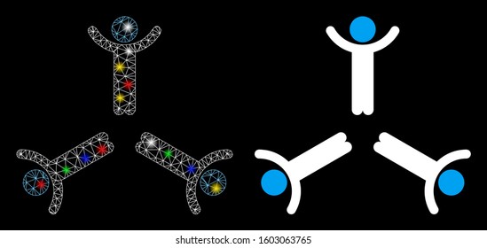 Flare mesh hands up men icon with sparkle effect. Abstract illuminated model of hands up men. Shiny wire carcass triangular mesh hands up men icon. Vector abstraction on a black background.