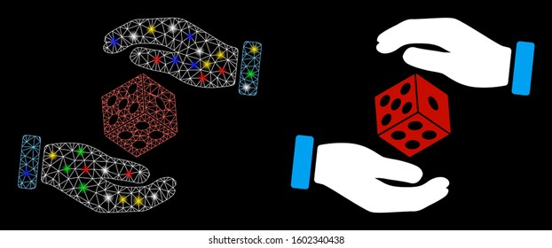 Flare mesh hands throw dice icon with glow effect. Abstract illuminated model of hands throw dice. Shiny wire frame polygonal mesh hands throw dice icon. Vector abstraction on a black background.