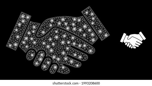 Flare mesh handshake with light spots. Vector carcass based on handshake icon. Sparkle carcass mesh handshake on a black background.