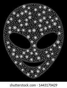 Flare mesh happy alien head with glow effect. Abstract illuminated model of happy alien head icon. Shiny wire frame triangular network happy alien head. Vector abstraction on a black background.