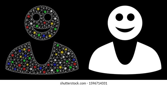 Flare mesh happy guy icon with glitter effect. Abstract illuminated model of happy guy. Shiny wire frame polygonal network happy guy icon. Vector abstraction on a black background.