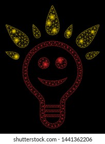 Flare mesh happy light bulb with sparkle effect. Abstract illuminated model of happy light bulb icon. Shiny wire frame triangular mesh happy light bulb. Vector abstraction on a black background.