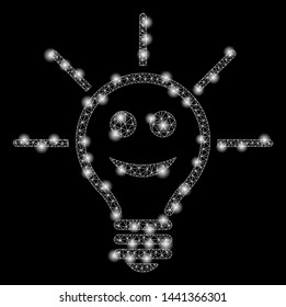 Flare mesh happy light bulb with glare effect. Abstract illuminated model of happy light bulb icon. Shiny wire carcass polygonal mesh happy light bulb. Vector abstraction on a black background.