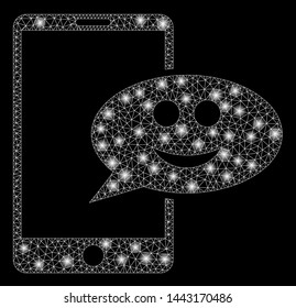 Flare mesh happy smartphone message with glare effect. Abstract illuminated model of happy smartphone message icon. Shiny wire carcass triangular mesh happy smartphone message.