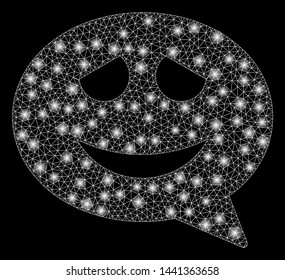 Flare mesh happy smiley message with lightspot effect. Abstract illuminated model of happy smiley message icon. Shiny wire frame polygonal mesh happy smiley message.