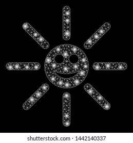 Flare mesh happy sun rays with glitter effect. Abstract illuminated model of happy sun rays icon. Shiny wire frame triangular mesh happy sun rays. Vector abstraction on a black background.