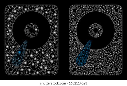 Flare mesh hard disk with sparkle effect. Abstract illuminated model of hard disk icon. Shiny wire carcass polygonal network hard disk icon. Vector abstraction on a black background.