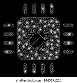 Flare mesh hardware bug with glow effect. Abstract illuminated model of hardware bug icon. Shiny wire frame triangular mesh hardware bug. Vector abstraction on a black background.