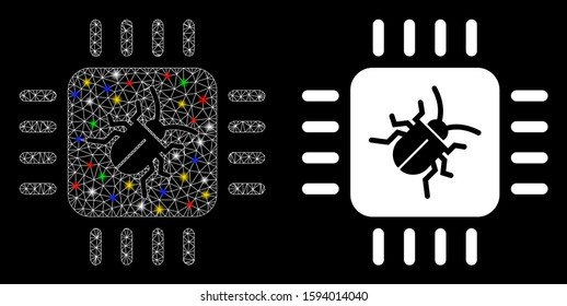 Flare mesh hardware bug icon with sparkle effect. Abstract illuminated model of hardware bug. Shiny wire carcass polygonal mesh hardware bug icon. Vector abstraction on a black background.