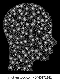 Flare mesh head with lightspot effect. Abstract illuminated model of head icon. Shiny wire carcass polygonal mesh head. Vector abstraction on a black background.