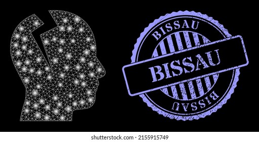 Fare Mesh-Kopf-Mähchen mit Lichtpunkten und Bissau blaues rundes Gummi-Siegel. Vektorkadaver auf der Grundlage von Kopfmigetreideschmerzsymbol. Leuchtendes Rahmenmaschengewebe mit Körnchenschmerzen.