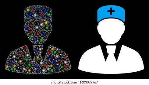 Flare mesh head physician icon with glare effect. Abstract illuminated model of head physician. Shiny wire frame triangular mesh head physician icon. Vector abstraction on a black background.