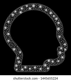 Flare mesh head profile with glitter effect. Abstract illuminated model of head profile icon. Shiny wire carcass polygonal mesh head profile. Vector abstraction on a black background.