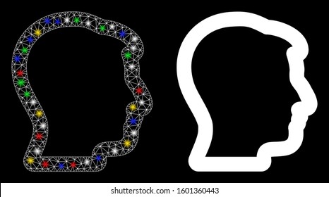 Flare mesh head profile icon with glare effect. Abstract illuminated model of head profile. Shiny wire carcass polygonal mesh head profile icon. Vector abstraction on a black background.