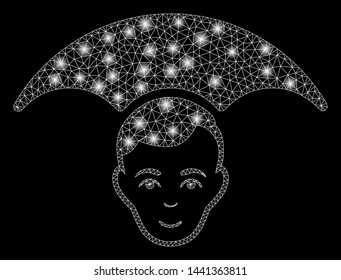 Flare mesh head umbrella with glitter effect. Abstract illuminated model of head umbrella icon. Shiny wire frame triangular mesh head umbrella. Vector abstraction on a black background.