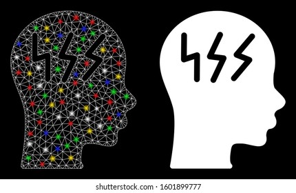 Flare mesh headache icon with lightspot effect. Abstract illuminated model of headache. Shiny wire carcass triangular mesh headache icon. Vector abstraction on a black background.