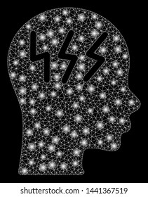 Flare mesh headache with lightspot effect. Abstract illuminated model of headache icon. Shiny wire frame polygonal mesh headache. Vector abstraction on a black background.