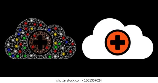 Flare mesh health care cloud icon with glare effect. Abstract illuminated model of health care cloud. Shiny wire carcass polygonal mesh health care cloud icon.