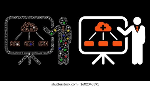 Flare mesh health care lecture icon with glow effect. Abstract illuminated model of health care lecture. Shiny wire carcass triangular mesh health care lecture icon.