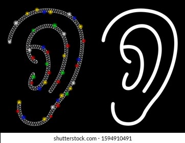 Flare mesh hear icon with glare effect. Abstract illuminated model of hear. Shiny wire carcass triangular mesh hear icon. Vector abstraction on a black background.