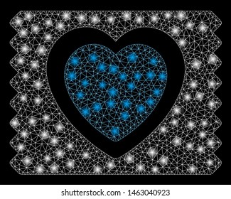 Flare mesh heart condom pack with glow effect. Abstract illuminated model of heart condom pack icon. Shiny wire frame polygonal network heart condom pack. Vector abstraction on a black background.
