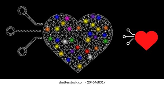 Flare mesh heart sensor constellation icon with lightspots. Illuminated vector constellation based on heart sensor glyph. Sparkle carcass polygonal heart sensor on a black background.