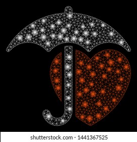 Flare mesh heart umbrella protection with lightspot effect. Abstract illuminated model of heart umbrella protection icon. Shiny wire carcass triangular mesh heart umbrella protection.