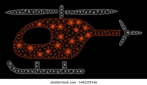 Flare mesh helicopter with glow effect. Abstract illuminated model of helicopter icon. Shiny wire frame polygonal mesh helicopter. Vector abstraction on a black background.