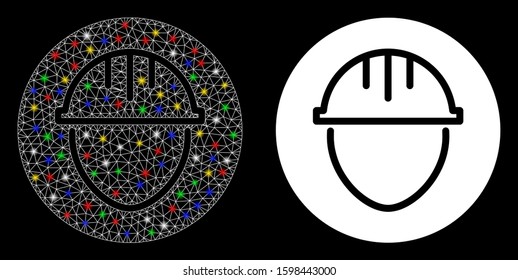 Flare mesh helmet circle icon with sparkle effect. Abstract illuminated model of helmet circle. Shiny wire carcass triangular mesh helmet circle icon. Vector abstraction on a black background.
