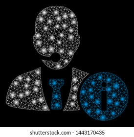 Flare mesh help desk manager with sparkle effect. Abstract illuminated model of help desk manager icon. Shiny wire frame polygonal mesh help desk manager. Vector abstraction on a black background.