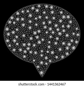 Flare mesh hint with glare effect. Abstract illuminated model of hint icon. Shiny wire carcass triangular mesh hint. Vector abstraction on a black background.