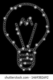 Flare mesh hint lamp with glitter effect. Abstract illuminated model of hint lamp icon. Shiny wire carcass polygonal mesh hint lamp. Vector abstraction on a black background.
