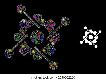 Flare mesh hitech industry constellation icon with light spots. Illuminated vector model based on hitech industry picture. Sparkle carcass polygonal hitech industry on a black background.