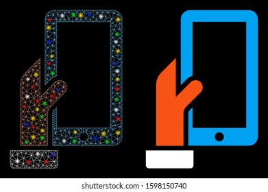Flare mesh hold smartphone icon with sparkle effect. Abstract illuminated model of hold smartphone. Shiny wire carcass triangular mesh hold smartphone icon. Vector abstraction on a black background.