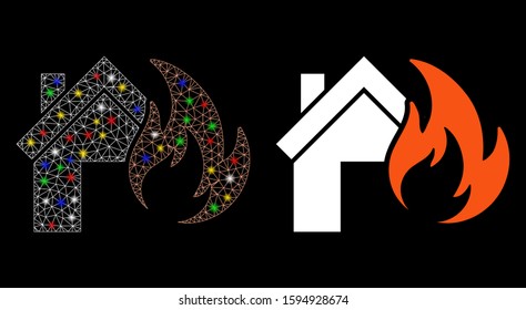 Flare mesh home fire disaster icon with sparkle effect. Abstract illuminated model of home fire disaster. Shiny wire carcass polygonal mesh home fire disaster icon.