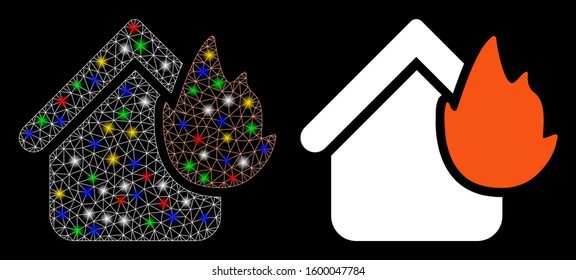 Flare mesh home fire disaster icon with glare effect. Abstract illuminated model of home fire disaster. Shiny wire carcass triangular mesh home fire disaster icon.