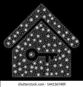 Flare mesh home key with glare effect. Abstract illuminated model of home key icon. Shiny wire frame triangular mesh home key. Vector abstraction on a black background.