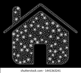 Flare mesh home with lightspot effect. Abstract illuminated model of home icon. Shiny wire frame triangular mesh home. Vector abstraction on a black background.