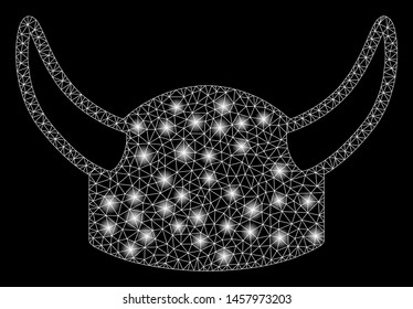 Flare mesh horned helmet with lightspot effect. Abstract illuminated model of horned helmet icon. Shiny wire carcass polygonal mesh horned helmet. Vector abstraction on a black background.
