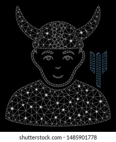 Flare mesh horned warrior with glare effect. Abstract illuminated model of horned warrior icon. Shiny wire carcass triangular mesh horned warrior. Vector abstraction on a black background.