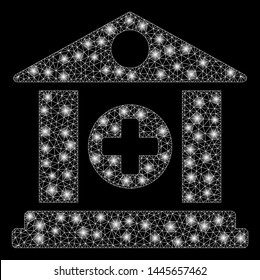 Flare mesh hospital with glow effect. Abstract illuminated model of hospital icon. Shiny wire frame triangular mesh hospital. Vector abstraction on a black background.