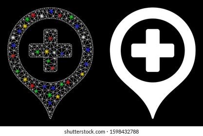 Flare mesh hospital map marker icon with glow effect. Abstract illuminated model of hospital map marker. Shiny wire carcass polygonal mesh hospital map marker icon.