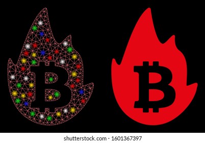 Flare mesh hot bitcoin icon with glare effect. Abstract illuminated model of hot bitcoin. Shiny wire carcass polygonal mesh hot bitcoin icon. Vector abstraction on a black background.