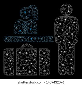 Flare mesh hotel reception with glow effect. Abstract illuminated model of hotel reception icon. Shiny wire carcass triangular mesh hotel reception. Vector abstraction on a black background.