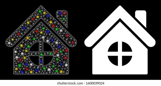 Flare mesh house building icon with glitter effect. Abstract illuminated model of house building. Shiny wire carcass triangular network house building icon. Vector abstraction on a black background.